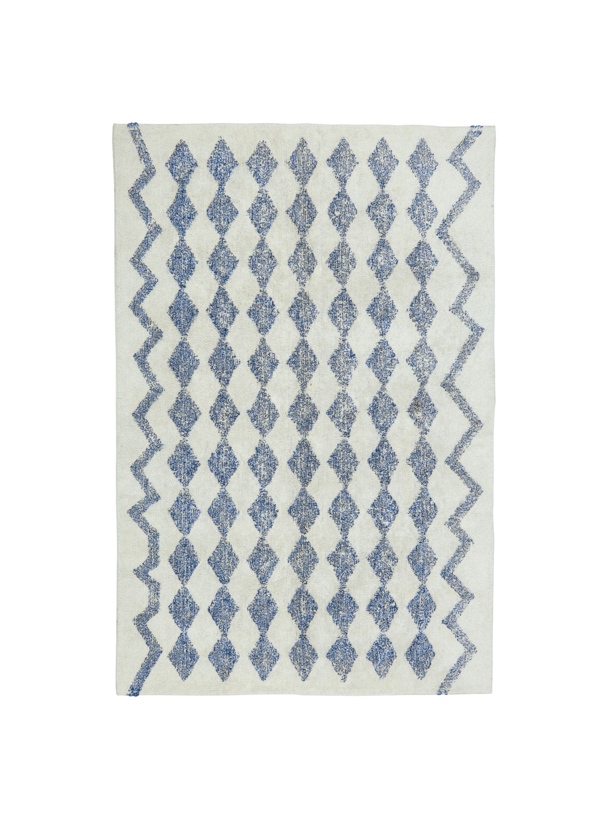 Rug with blue geometric pattern on a white background