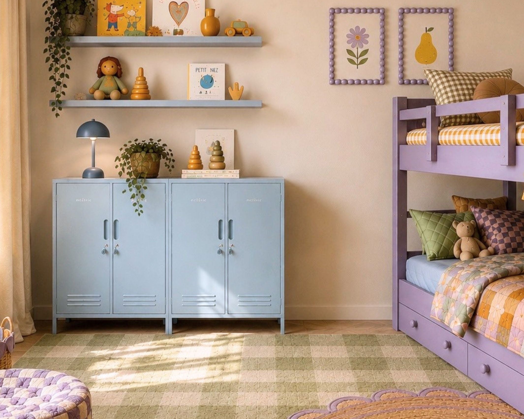 Children's bedroom with a bunk bed, shelves, and decorative items.