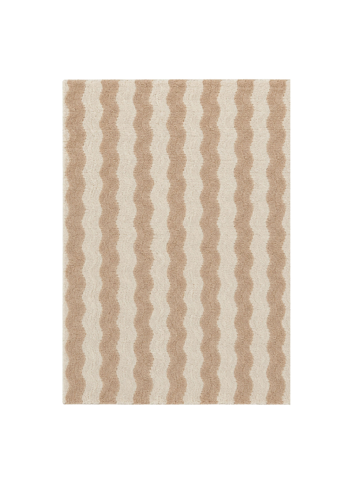 A rectangular area rug with a vertical wavy chevron pattern in alternating shades of beige and cream, shown flat against a solid white background.