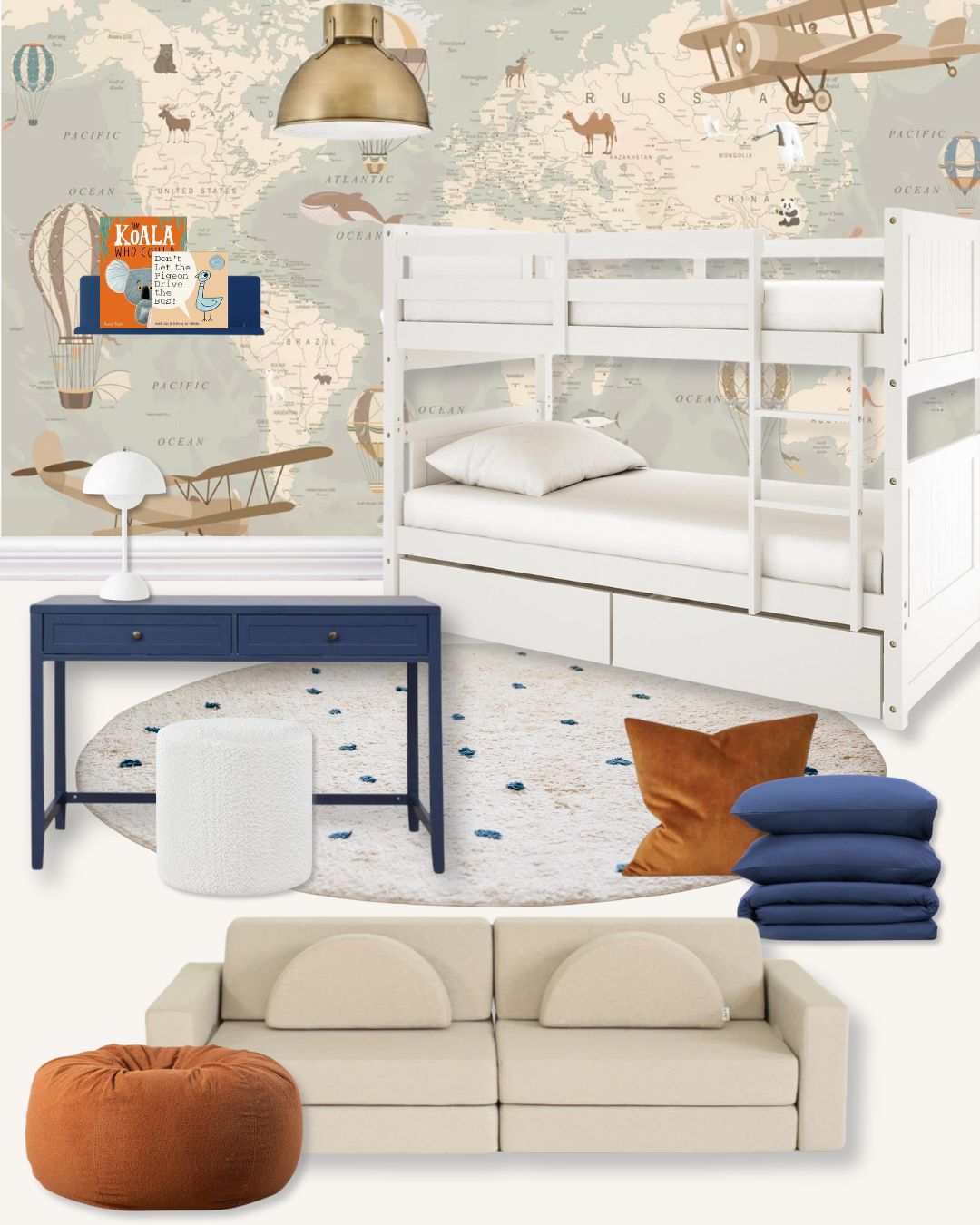 Room interior with bunk bed, sofa, and decorative items against a map-themed wall.