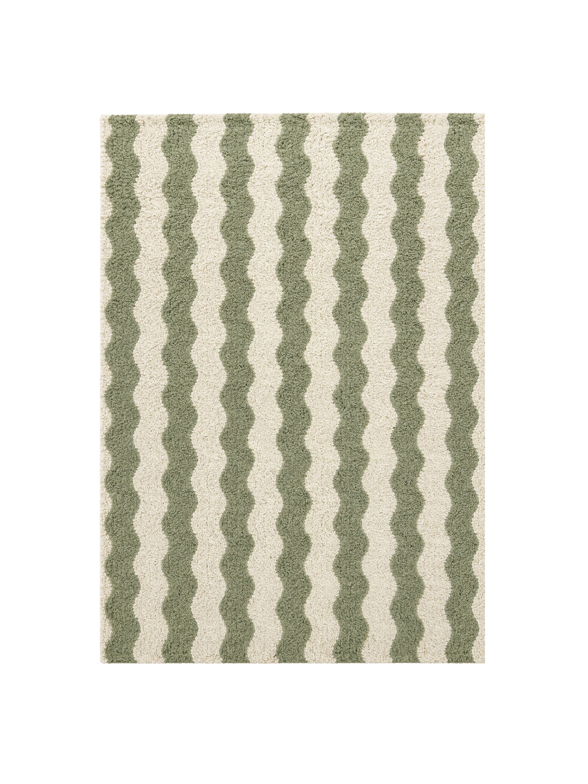 A rectangular area rug with a vertical wavy stripe pattern in sage green and cream, shown flat against a solid white background.