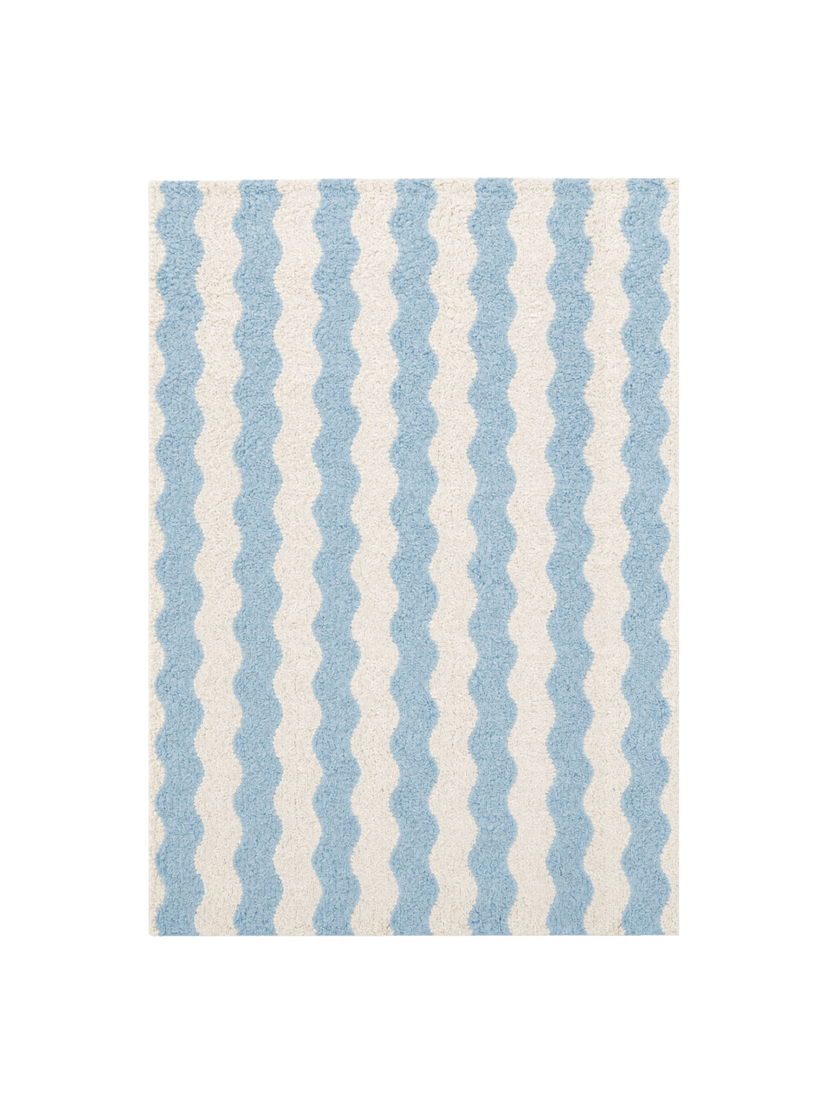 A rectangular area rug with a vertical wavy stripe pattern in light blue and off-white, shown flat against a solid white background.