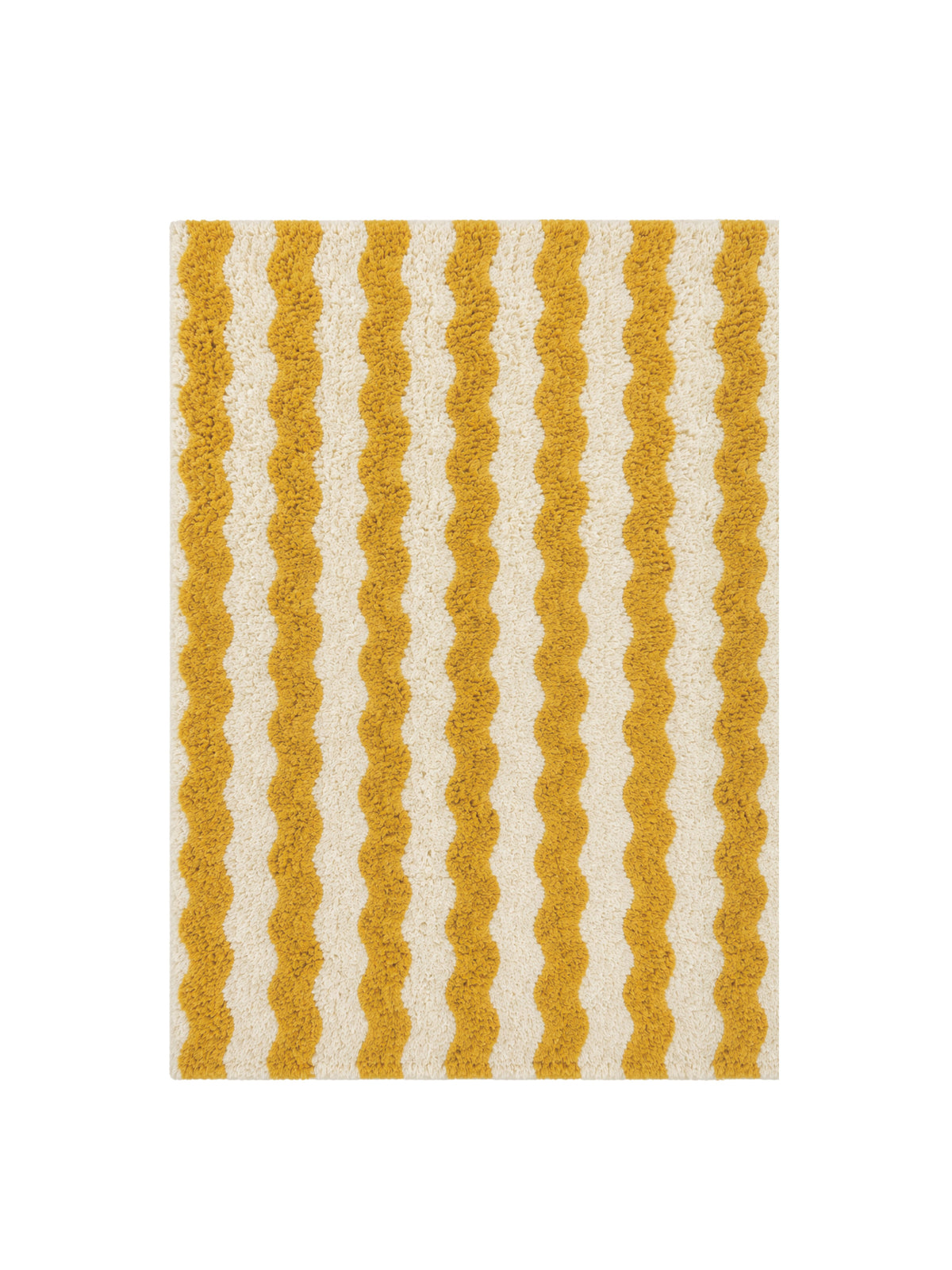 A rectangular area rug with a vertical wavy stripe pattern in mustard yellow and cream, shown flat against a solid white background.